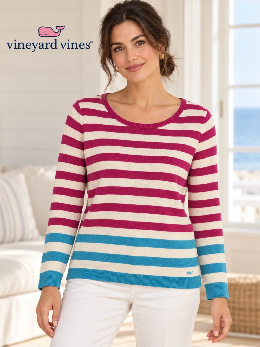 Vineyard Vines Women Cream, Fuchsia & Bright Blue Striped Long Sleeve Tee Size M